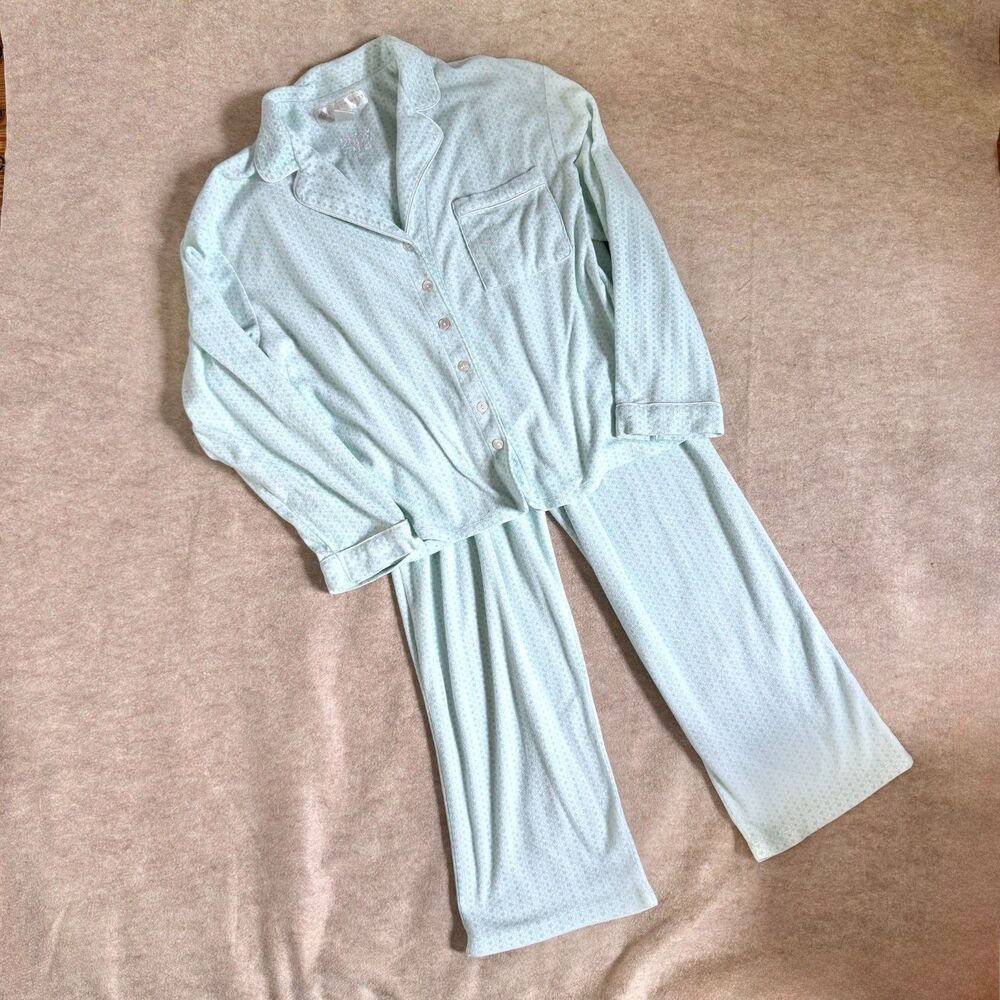 Vtg Eileen West Fleece pajama set womens M aqua button front loungewear